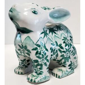 VTG Rabbit Bunny Garden Lg Statuary Chinese Pottery Ceramic Green Floral Paint